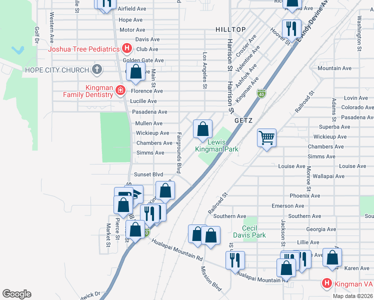 map of restaurants, bars, coffee shops, grocery stores, and more near 2120 Ashfork Avenue in Kingman