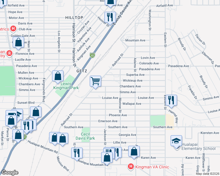 map of restaurants, bars, coffee shops, grocery stores, and more near 2516 Chambers Avenue in Kingman