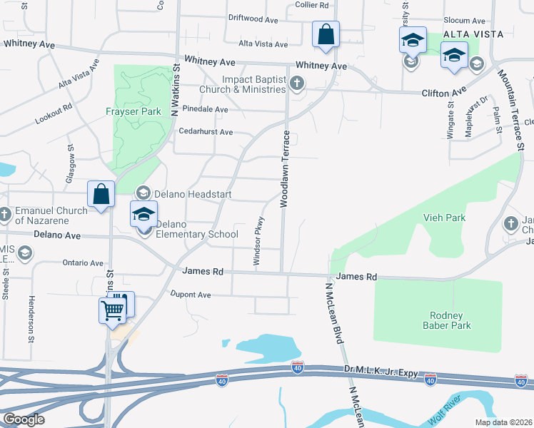 map of restaurants, bars, coffee shops, grocery stores, and more near 2746 Windsor Parkway in Memphis