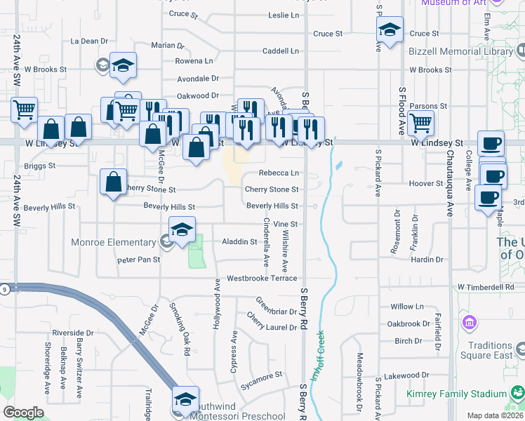 map of restaurants, bars, coffee shops, grocery stores, and more near 1314 Beverly Hills Street in Norman
