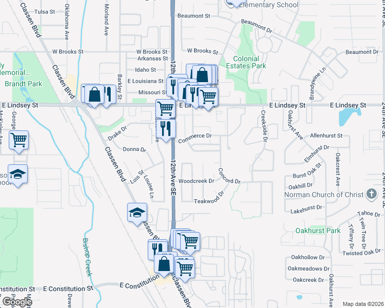 map of restaurants, bars, coffee shops, grocery stores, and more near 1300 Eastgate Drive in Norman