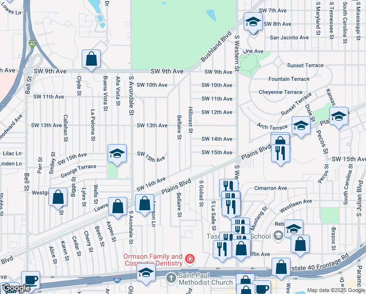 map of restaurants, bars, coffee shops, grocery stores, and more near 1317 Bellaire Street in Amarillo