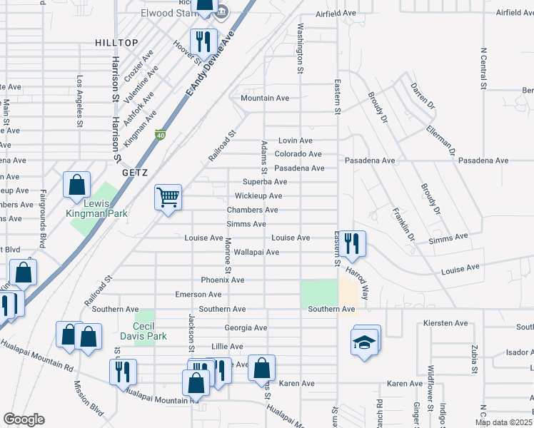map of restaurants, bars, coffee shops, grocery stores, and more near 2704 Chambers Avenue in Kingman