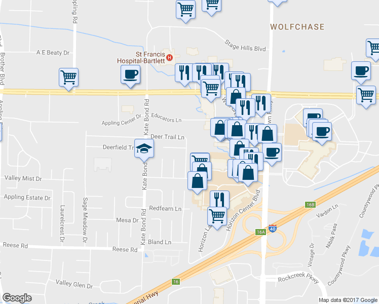 map of restaurants, bars, coffee shops, grocery stores, and more near 2744 Deer Glade Lane in Bartlett