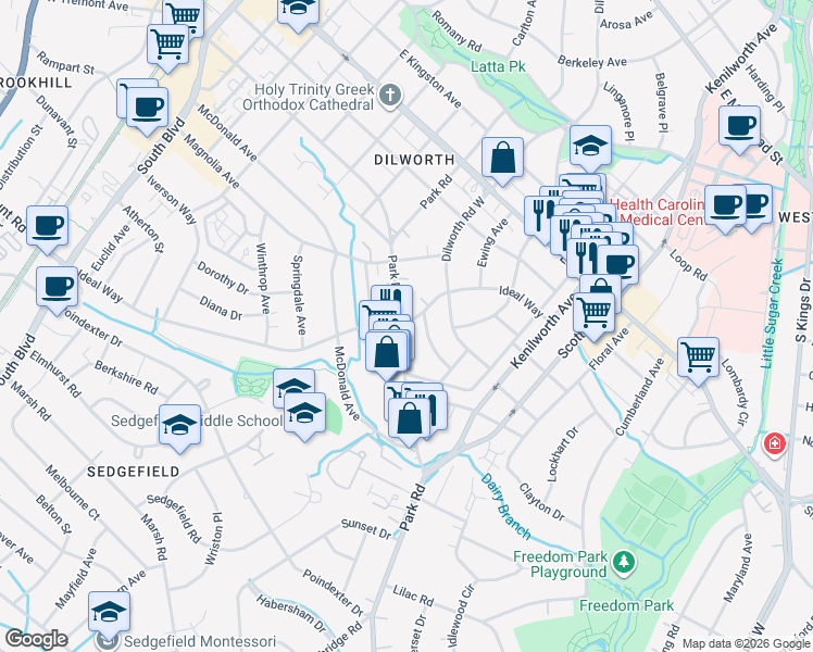 map of restaurants, bars, coffee shops, grocery stores, and more near 2201 Park Road in Charlotte