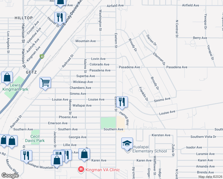 map of restaurants, bars, coffee shops, grocery stores, and more near 2840 Chambers Avenue in Kingman