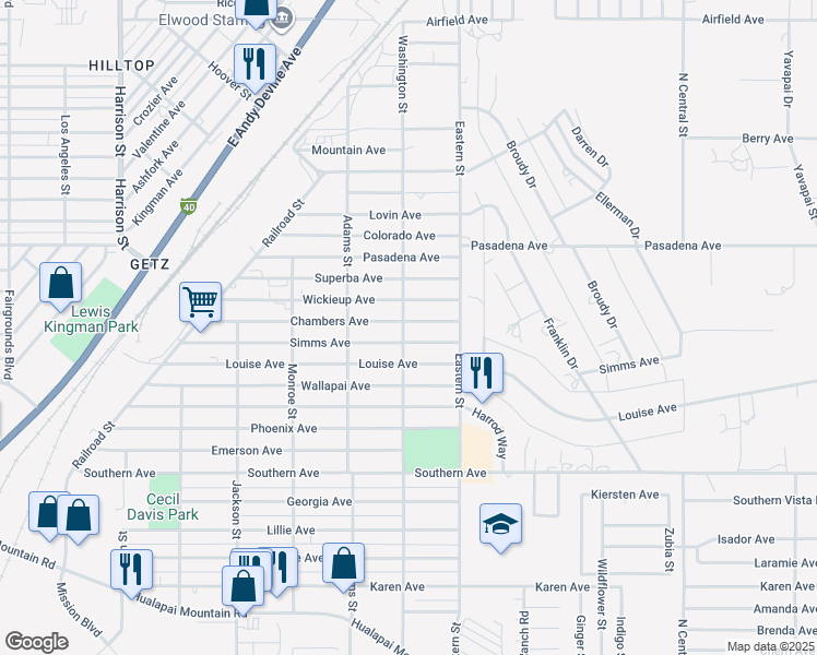 map of restaurants, bars, coffee shops, grocery stores, and more near 2804 Chambers Avenue in Kingman
