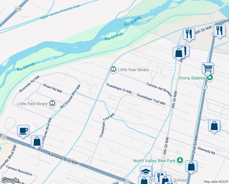 map of restaurants, bars, coffee shops, grocery stores, and more near 10101 Guadalupe Trail Northwest in Albuquerque