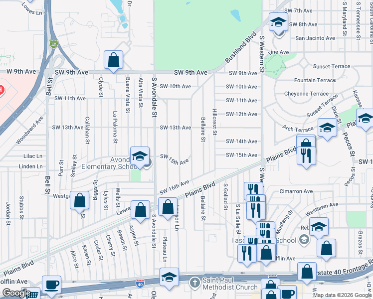 map of restaurants, bars, coffee shops, grocery stores, and more near 1314 Broadmoor Street in Amarillo