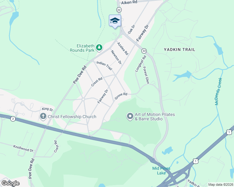 map of restaurants, bars, coffee shops, grocery stores, and more near 386 Grove Road in Southern Pines