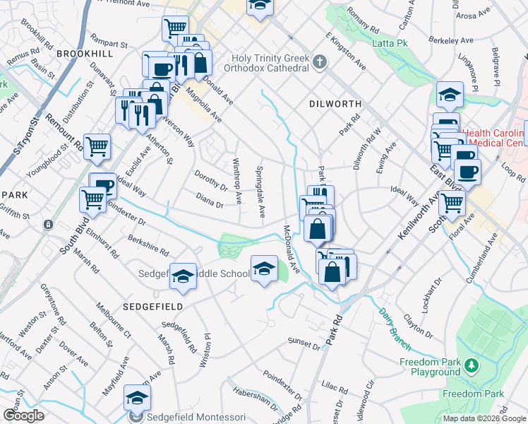 map of restaurants, bars, coffee shops, grocery stores, and more near 2323 Springdale Avenue in Charlotte
