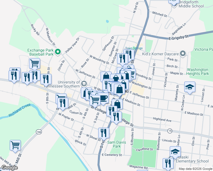 map of restaurants, bars, coffee shops, grocery stores, and more near 122 North 3rd Street in Pulaski