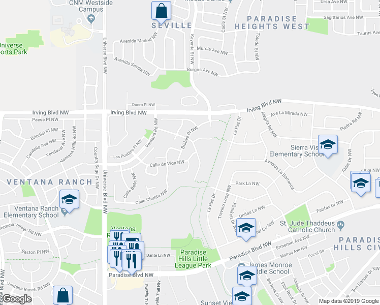 map of restaurants, bars, coffee shops, grocery stores, and more near 6201 Cll De Vida Northwest in Albuquerque