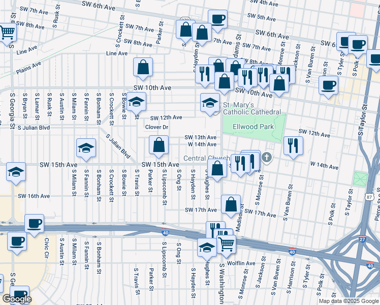 map of restaurants, bars, coffee shops, grocery stores, and more near 1406 South Hayden Street in Amarillo