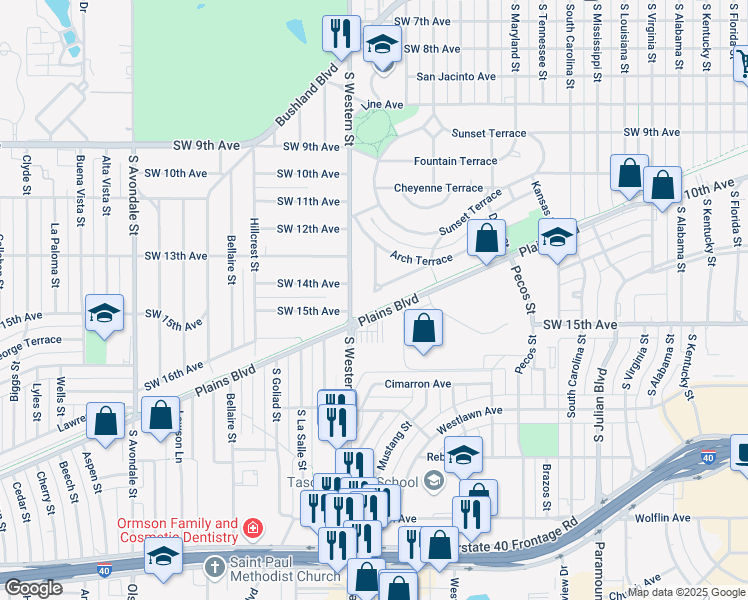 map of restaurants, bars, coffee shops, grocery stores, and more near 109 Wayside Drive in Amarillo