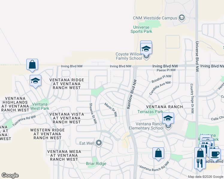 map of restaurants, bars, coffee shops, grocery stores, and more near 7501 Cripple Creek Road Northwest in Albuquerque