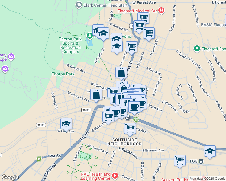 map of restaurants, bars, coffee shops, grocery stores, and more near 218 West Birch Avenue in Flagstaff