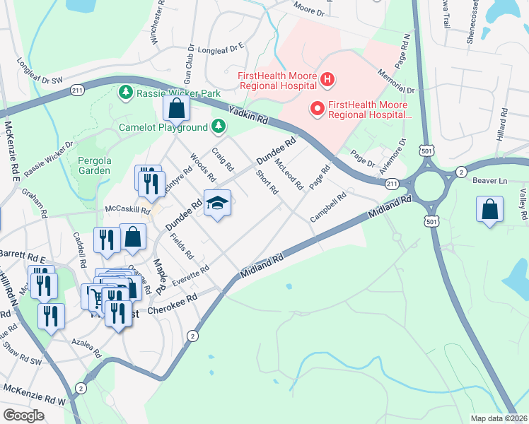 map of restaurants, bars, coffee shops, grocery stores, and more near 265 Everette Road in Pinehurst