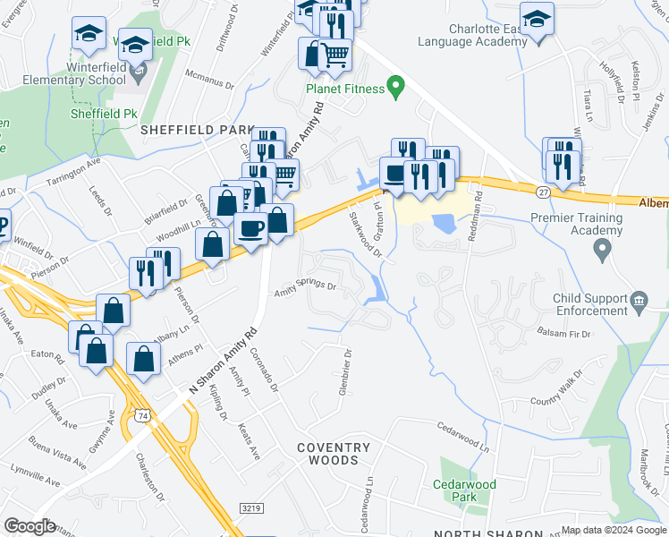 map of restaurants, bars, coffee shops, grocery stores, and more near 5327 Firelight Lane in Charlotte