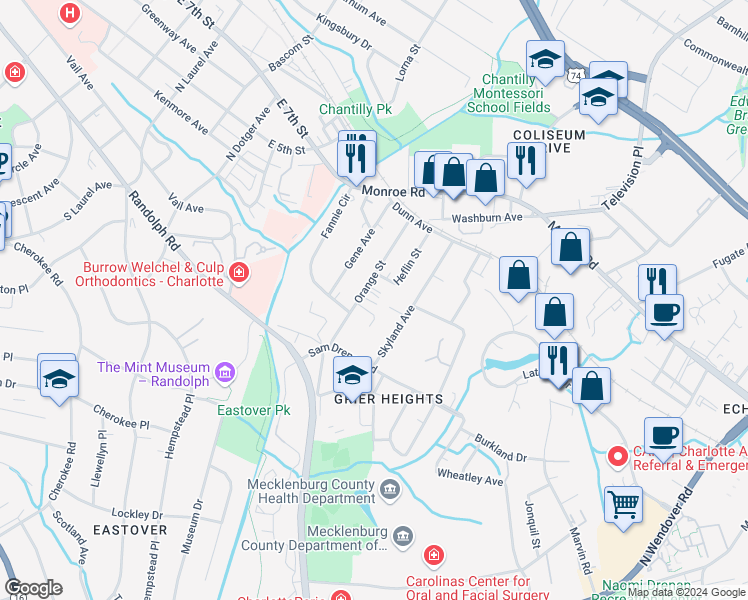 map of restaurants, bars, coffee shops, grocery stores, and more near 218 Orange Street in Charlotte