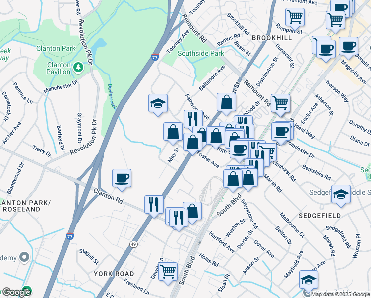 map of restaurants, bars, coffee shops, grocery stores, and more near 3030 South Tryon Street in Charlotte