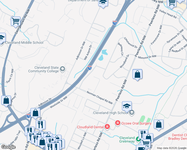 map of restaurants, bars, coffee shops, grocery stores, and more near 3430 Westside Drive Northwest in Cleveland