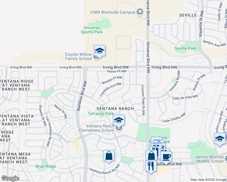 map of restaurants, bars, coffee shops, grocery stores, and more near 10323 Vendaval Avenue Northwest in Albuquerque