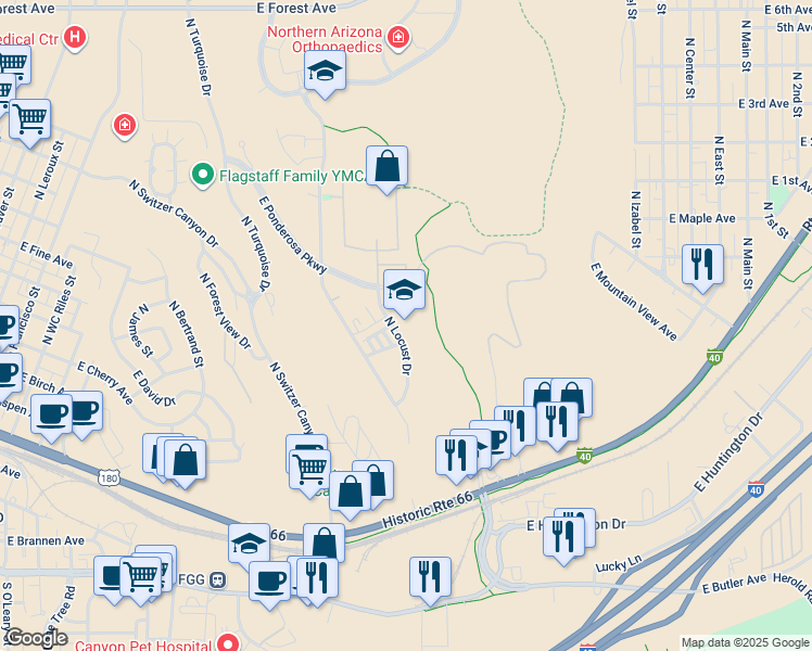 map of restaurants, bars, coffee shops, grocery stores, and more near 850 North Locust Drive in Flagstaff
