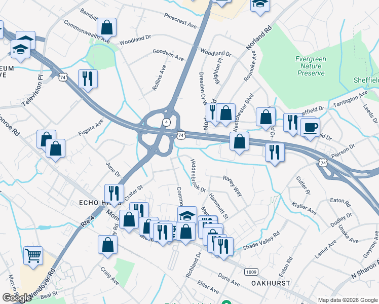 map of restaurants, bars, coffee shops, grocery stores, and more near 4035 Hiddenbrook Drive in Charlotte
