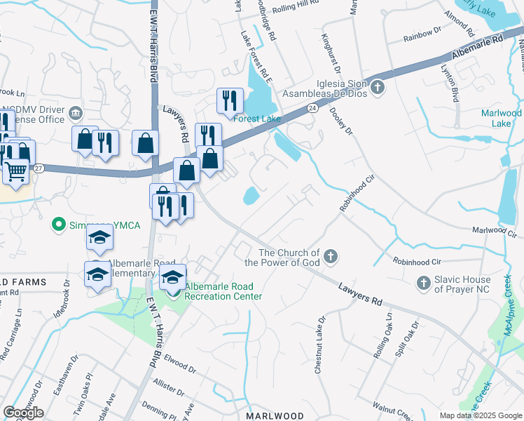 map of restaurants, bars, coffee shops, grocery stores, and more near 5512 Idlewild Rd N in Charlotte