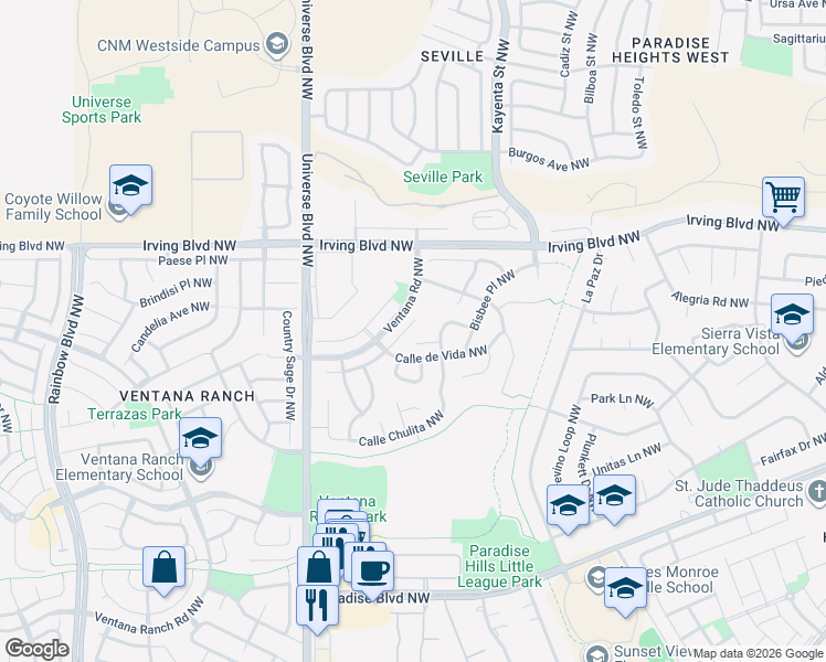 map of restaurants, bars, coffee shops, grocery stores, and more near 10424 Calle Hermosa Court Northwest in Albuquerque