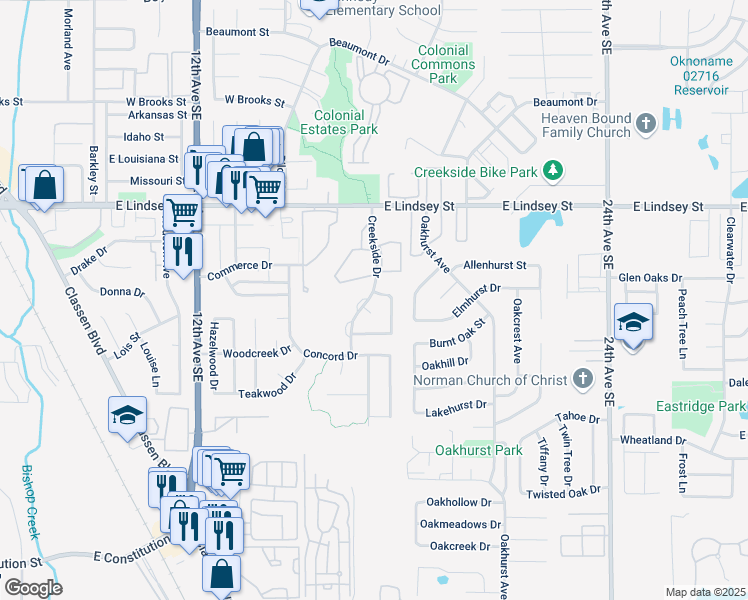 map of restaurants, bars, coffee shops, grocery stores, and more near 1500 Tree Line Dr in Norman
