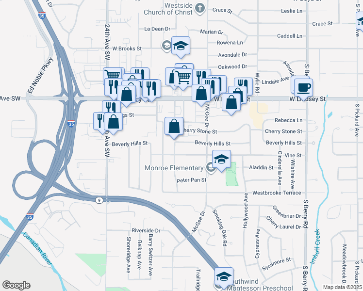 map of restaurants, bars, coffee shops, grocery stores, and more near 1918 Beverly Hills Street in Norman