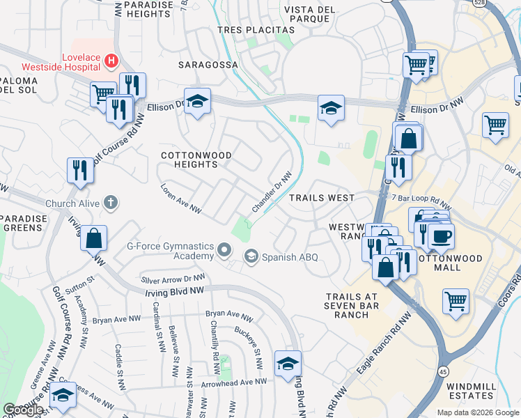 map of restaurants, bars, coffee shops, grocery stores, and more near 10320 Chandler Drive in Albuquerque