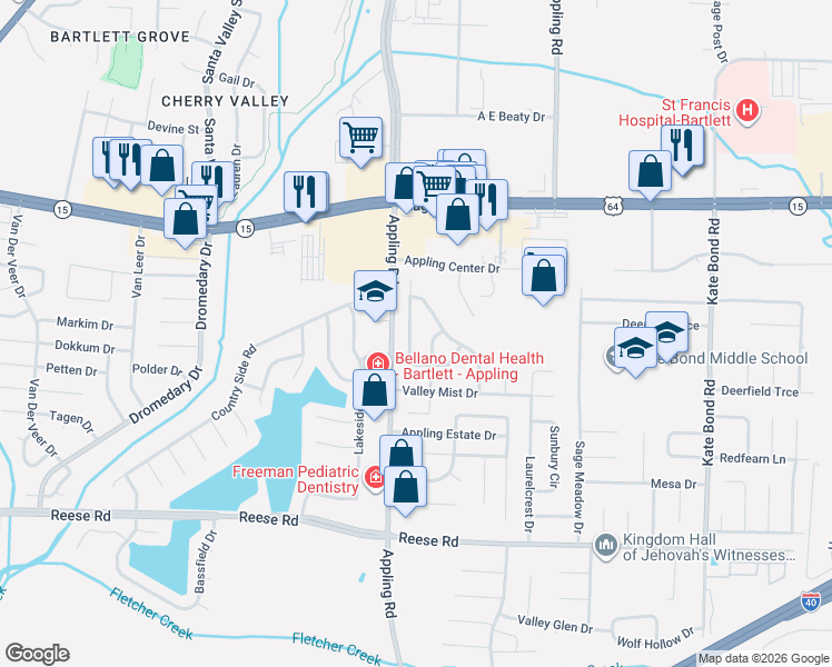 map of restaurants, bars, coffee shops, grocery stores, and more near 2744 Arbor Lane Drive in Memphis