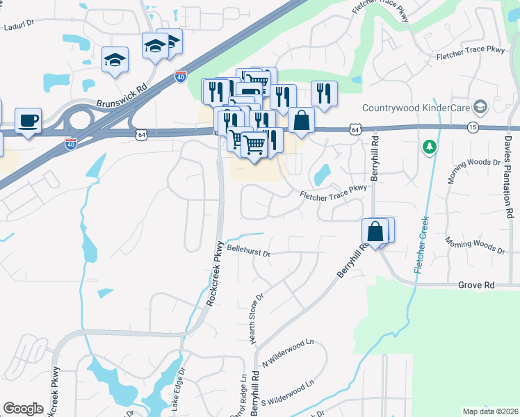map of restaurants, bars, coffee shops, grocery stores, and more near 9037 Fletcher Park Cove in Memphis