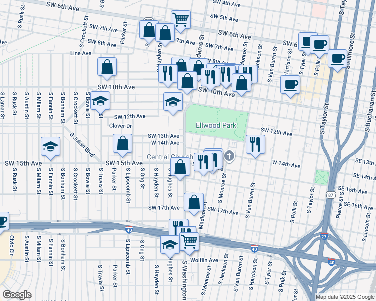 map of restaurants, bars, coffee shops, grocery stores, and more near 1401 South Washington Street in Amarillo