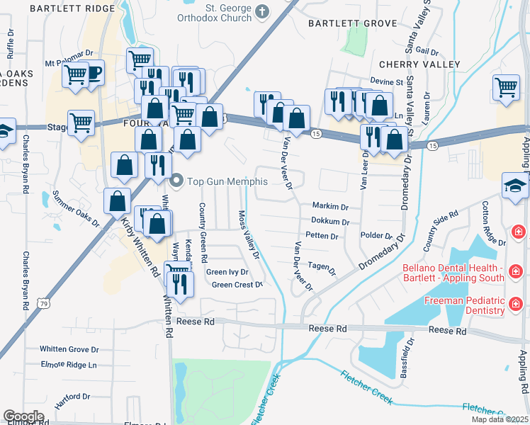 map of restaurants, bars, coffee shops, grocery stores, and more near 6974 Dokkum Cove in Memphis