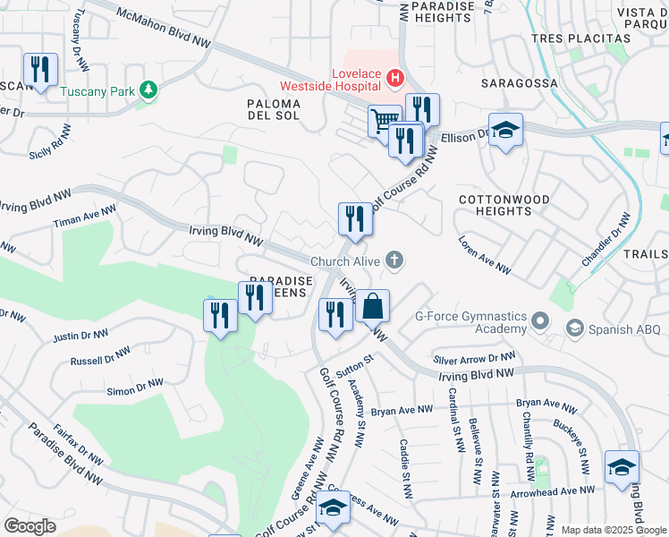 map of restaurants, bars, coffee shops, grocery stores, and more near Golf Course Rd NW & Irving Blvd NW in Albuquerque