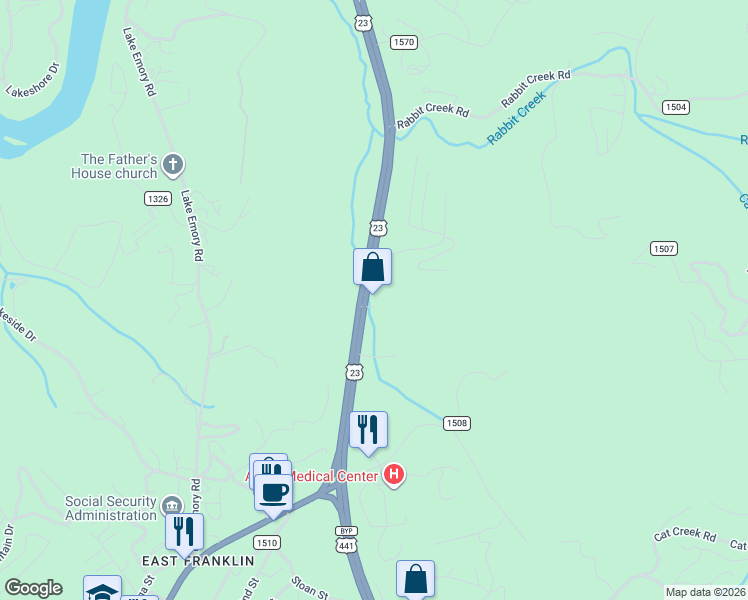 map of restaurants, bars, coffee shops, grocery stores, and more near 4019 Sylva Road in Franklin