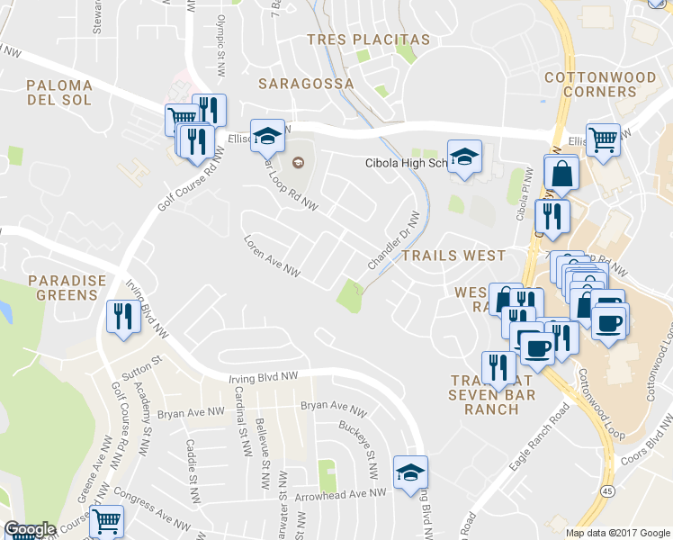 map of restaurants, bars, coffee shops, grocery stores, and more near 10323 Dunbar Street Northwest in Albuquerque
