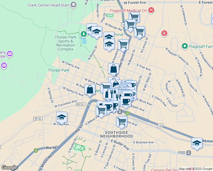 map of restaurants, bars, coffee shops, grocery stores, and more near 218 West Birch Avenue in Flagstaff
