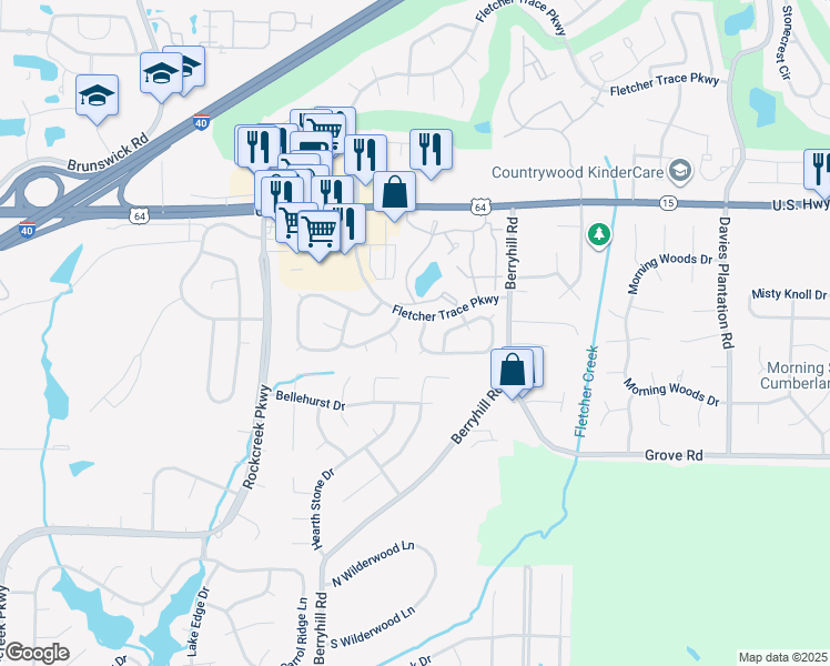 map of restaurants, bars, coffee shops, grocery stores, and more near 2857 Fletcher View Drive in Memphis