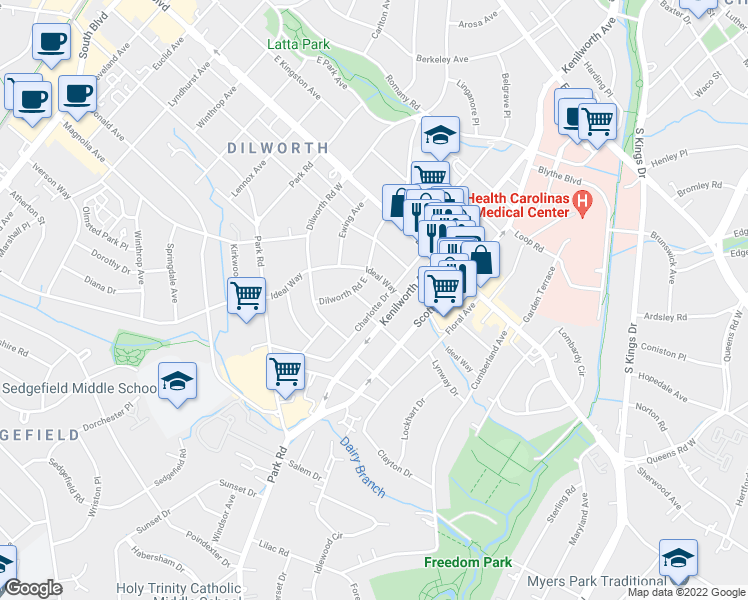 map of restaurants, bars, coffee shops, grocery stores, and more near 2016 Charlotte Drive in Charlotte