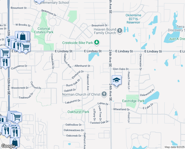 map of restaurants, bars, coffee shops, grocery stores, and more near 1406 Amhurst Avenue in Norman