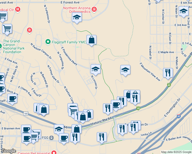 map of restaurants, bars, coffee shops, grocery stores, and more near 850 North Locust Drive in Flagstaff