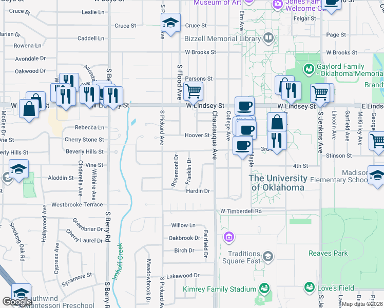 map of restaurants, bars, coffee shops, grocery stores, and more near 714 Elmwood Drive in Norman