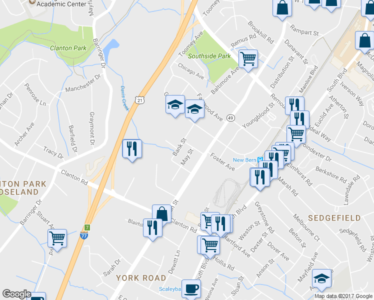 map of restaurants, bars, coffee shops, grocery stores, and more near 3110 May Street in Charlotte