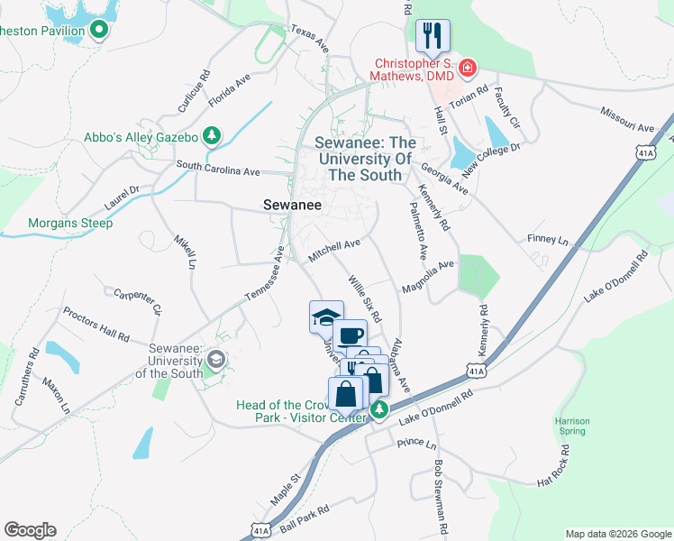 map of restaurants, bars, coffee shops, grocery stores, and more near 60 Willie Six Road in Sewanee