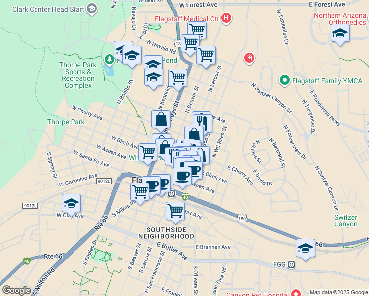 map of restaurants, bars, coffee shops, grocery stores, and more near 6 West Cherry Avenue in Flagstaff